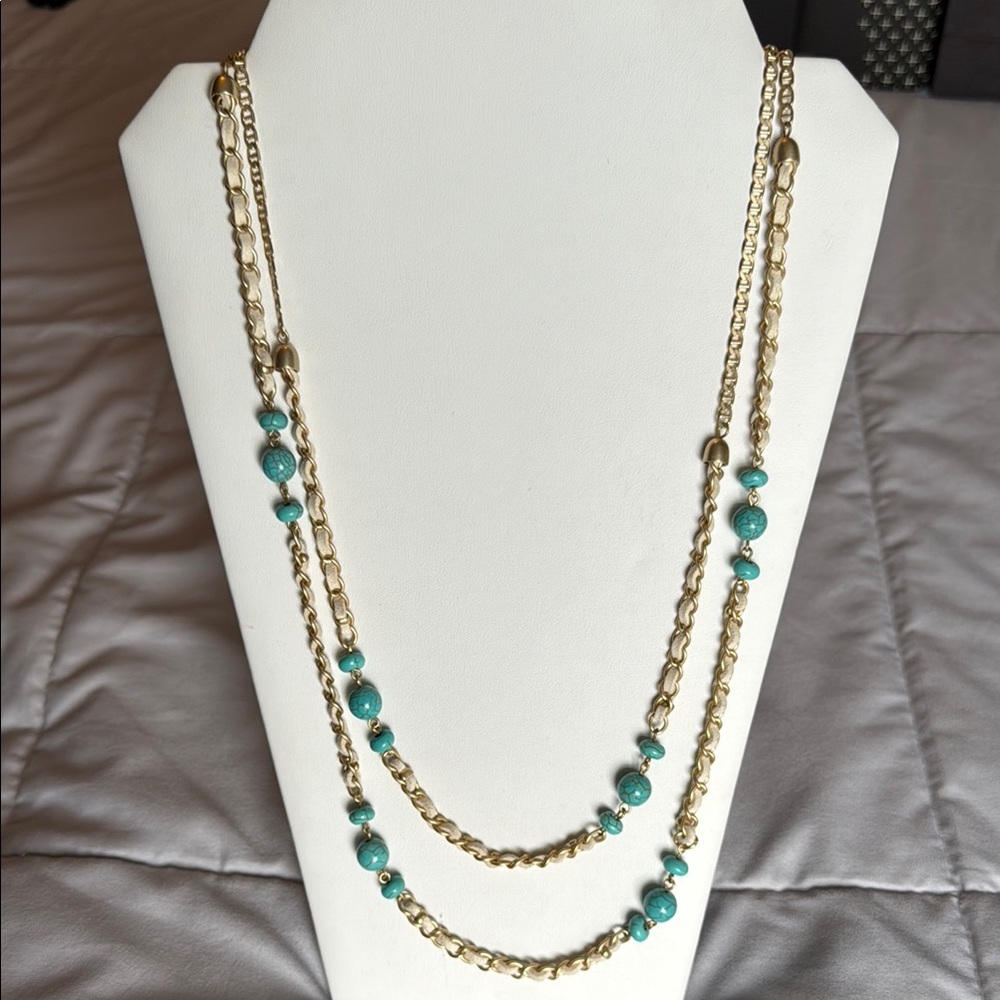 Lia Sophia Long Gold and Turquoise Beaded Necklace